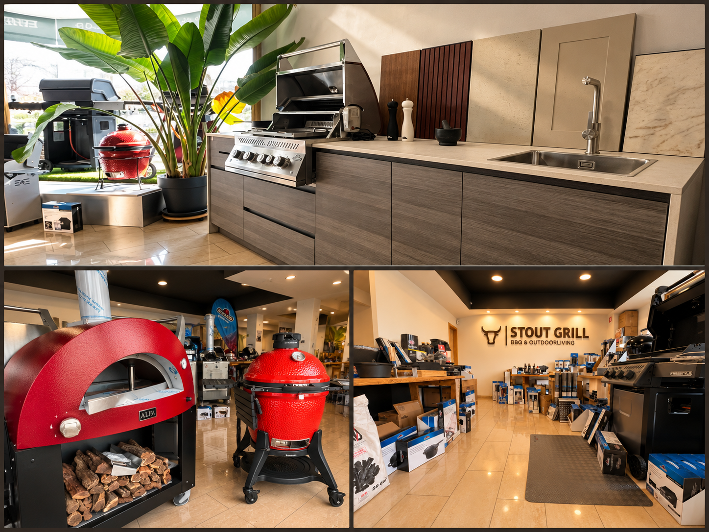 Showroom Stout Grill na Malveira: cozinha de exterior, forno Alfa, Kamado Joe e interior da loja